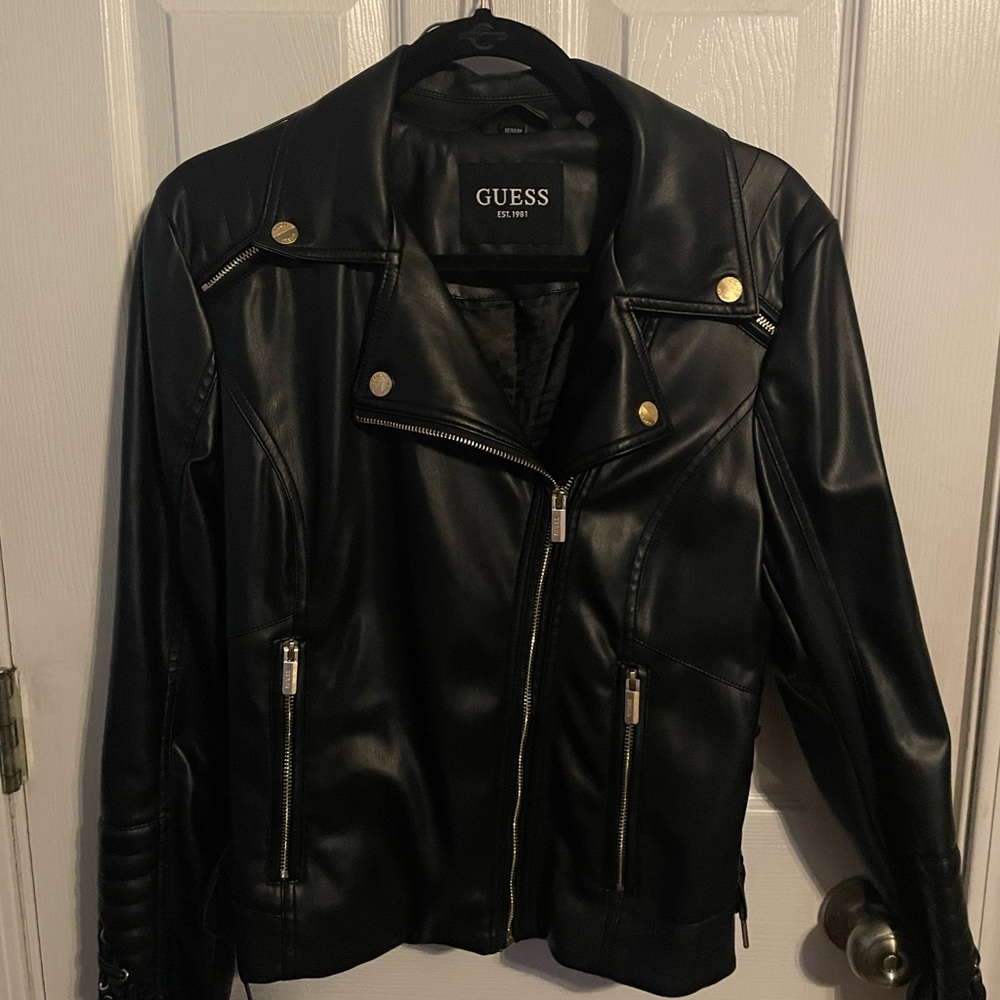 Guess Women's Black Leather Jacket with Gold Accents